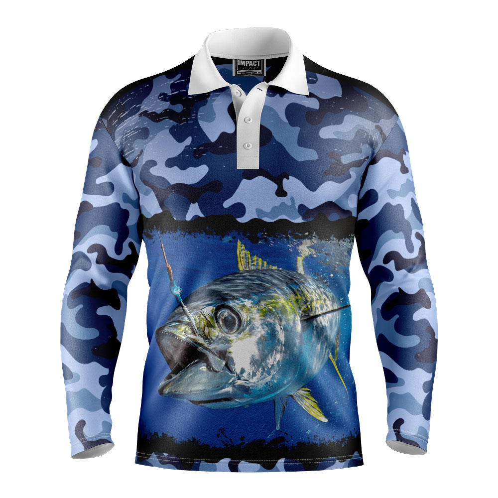 Tuna Sublimated Polo shirt, Fishing Camo Blue, Custom made , Quick Dry