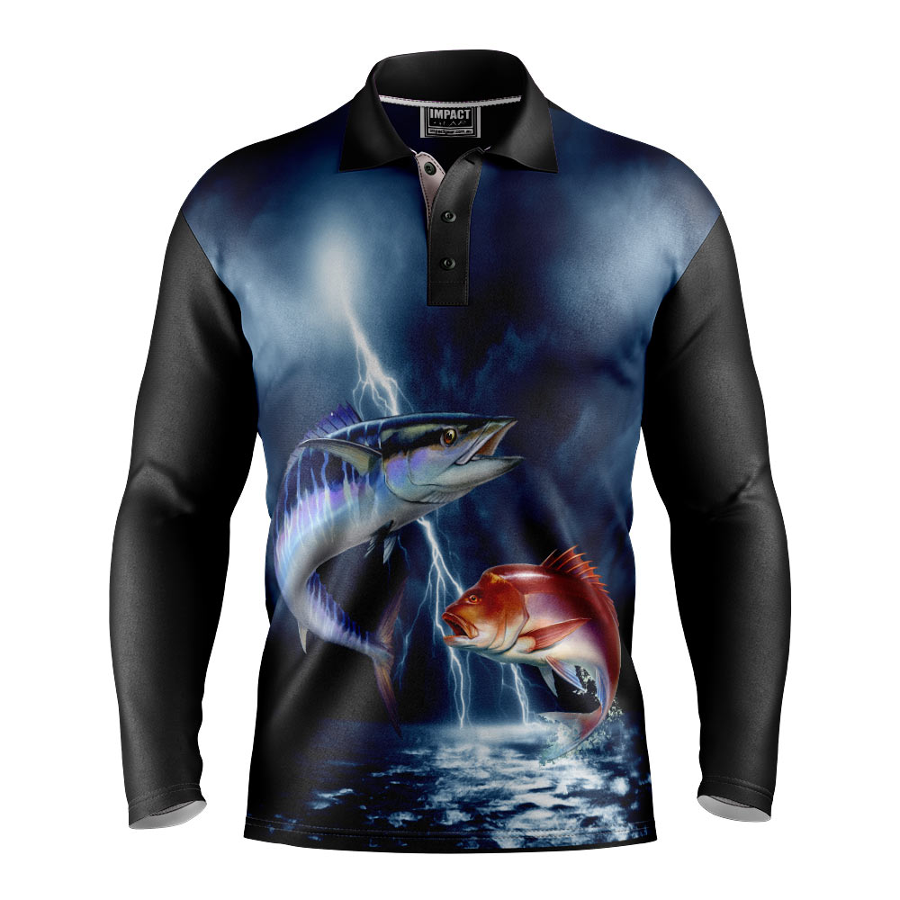 Fully Dye Sublimated Fishing Polo shirt, Snapper, Barracuda, Lightning