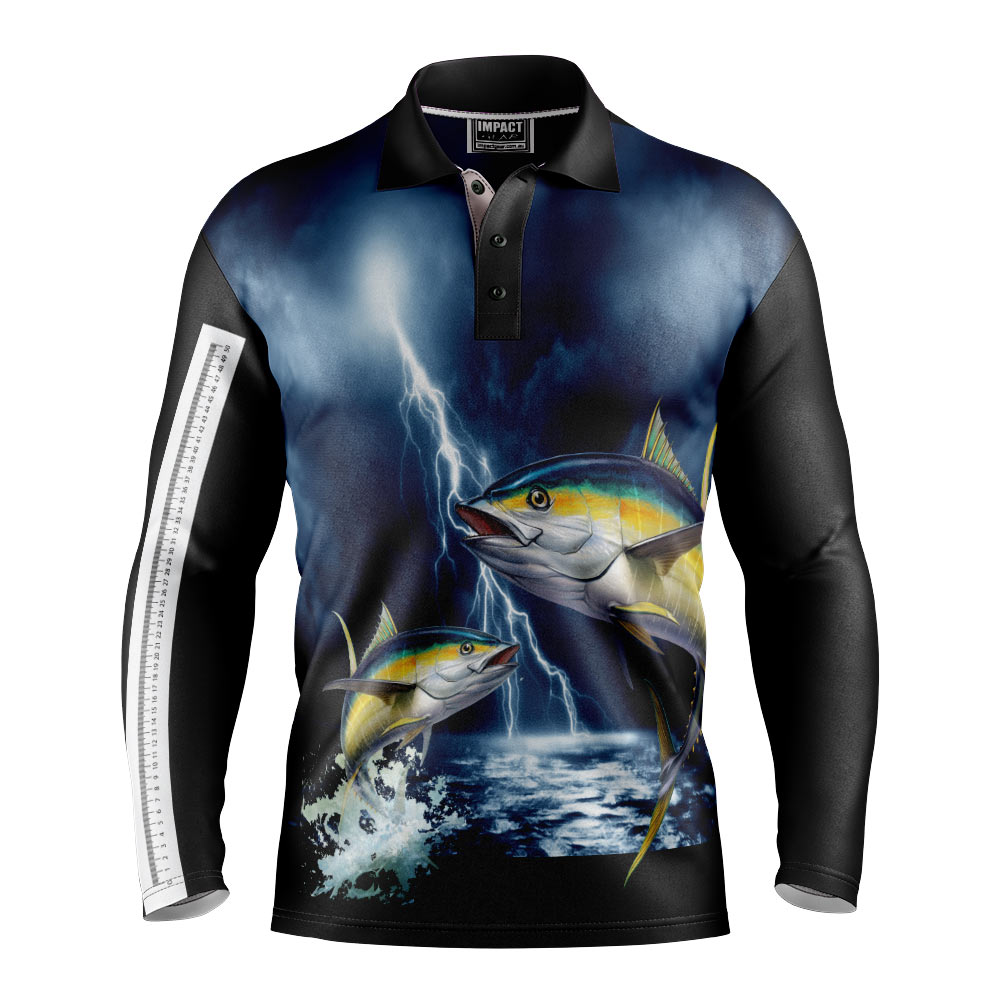 Fully Dye Sublimated Fishing Polo Shirt, Tuna, Lightning  Design with measuring tape