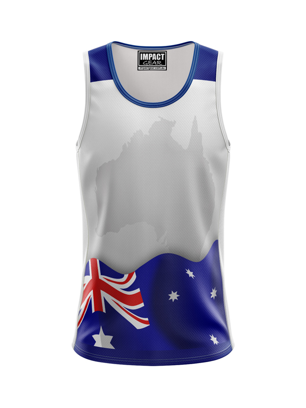 Dye Sublimated Singlet Australian Flag &  Map, DYO. Custom made,Quick dry