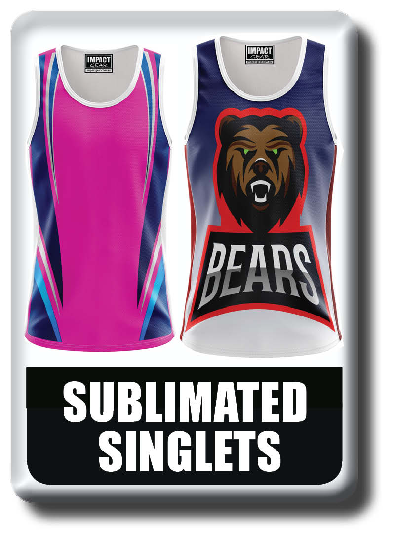 Sublimated Singlet collection, Cool Dry, light weight, breathable, quick dry