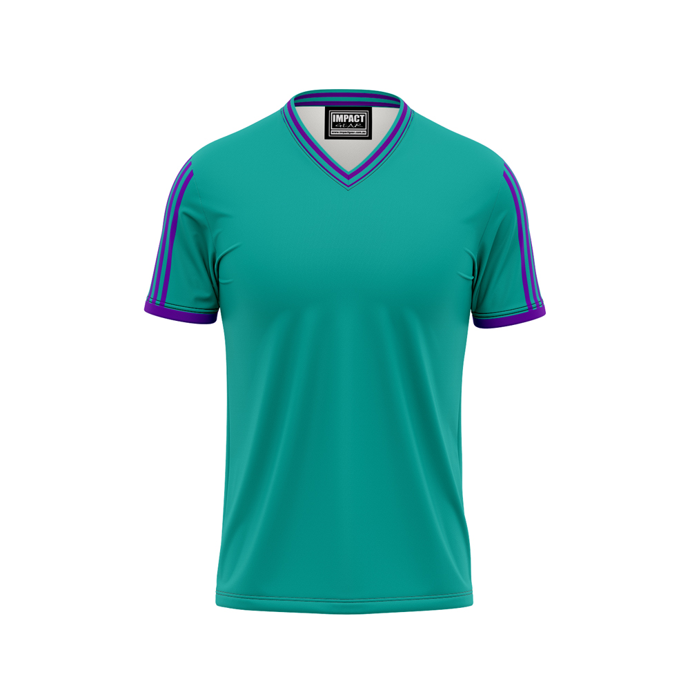 Aqua Purple Stripe Sleeeves Sublimated Custom made Vneck Tees