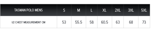 sIZE CHART tASMAN pOLO