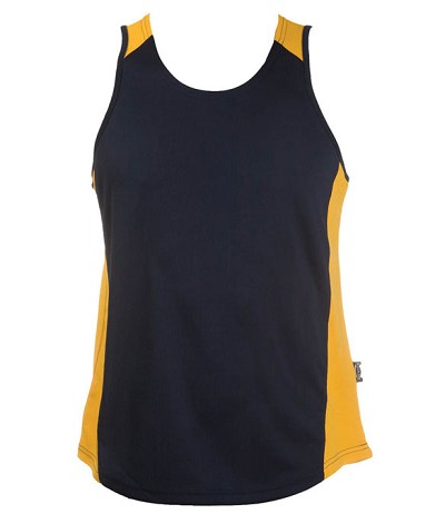 Navy Gold, Olympikool Singlets, Cool dry, breathable, light weight, Mens, Ladies,