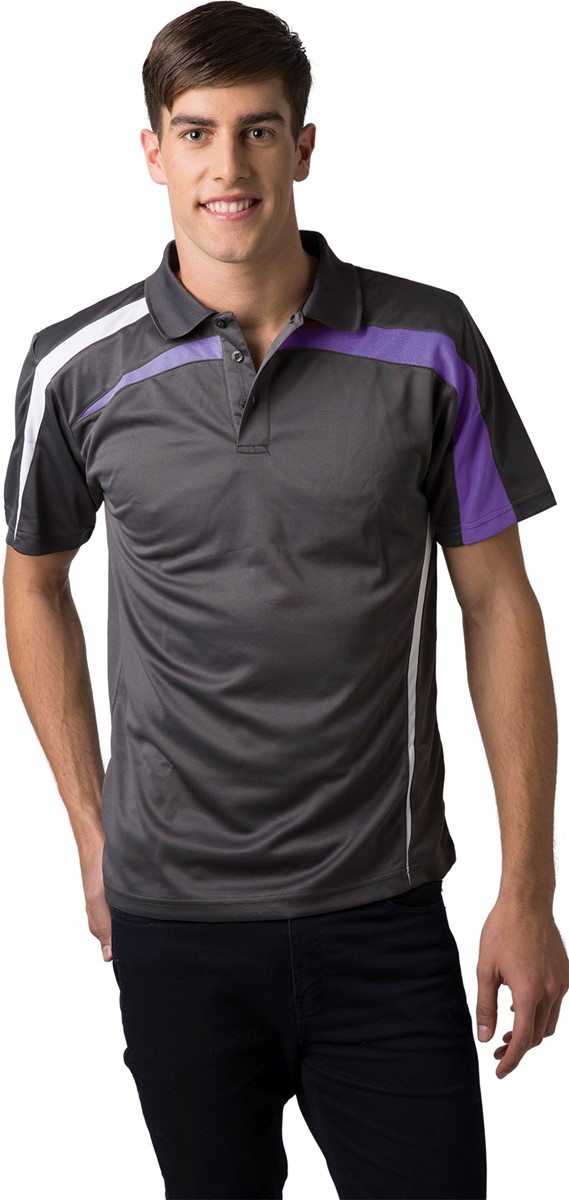 Charcoal White Purple, Marcoola Cool Dry Polo Shirt       165gsm, 100%  polyester Cool Dry fabric     Breathable  micromesh moisture management     Draws Sweat from Body, Quick Dry