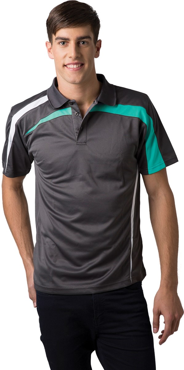 Charcoal White Teal, Marcoola Cool Dry Polo Shirt       165gsm, 100%  polyester Cool Dry fabric     Breathable  micromesh moisture management     Draws Sweat from Body, Quick Dry