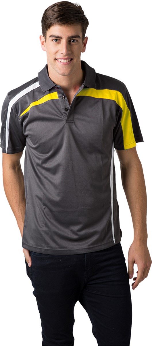 Charcoal White Yellow, Marcoola Cool Dry Polo Shirt       165gsm, 100%  polyester Cool Dry fabric     Breathable  micromesh moisture management     Draws Sweat from Body, Quick Dry