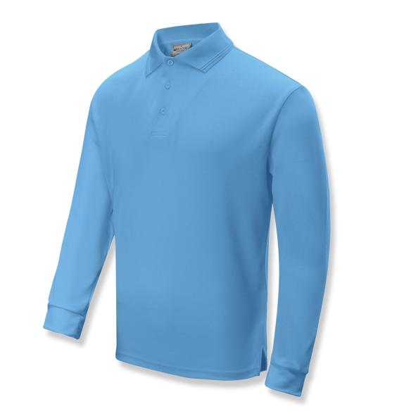 Sky Blue Long Sleeve 160gsm Breezeway polo 100% breezeway  polyester, Micromesh fabric designed to be quick dry with sun protection and Anti-Bacterial treatment Breezeway technology draws moisture away from the body and maximizes the air ventilation’ always keeps you dry and fresh.